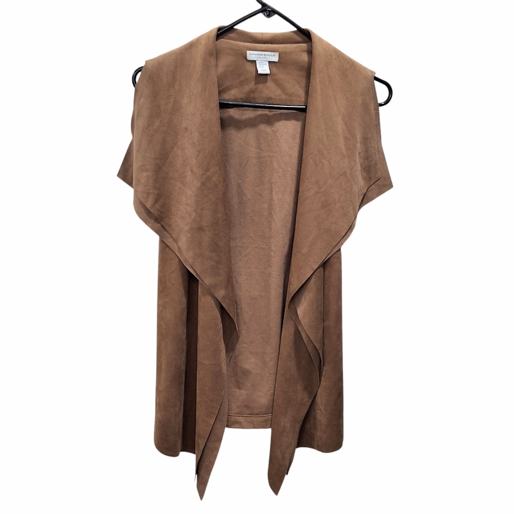 Katherine Barclay~Womens Suede Brown Draped Tie Back Vest~Waterfall Collar~XS